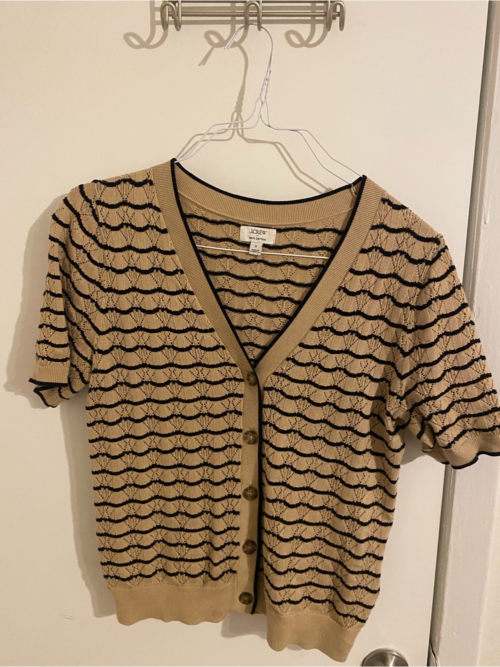 J. Crew Beige Knit Top with Black Scalloped Stripes
